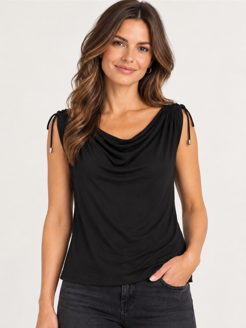 White House Black Market Black Cowl Neck Ruched Stretch Top XS